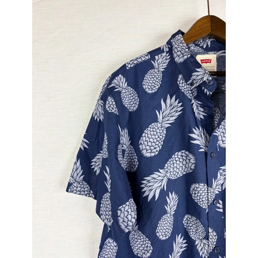 Levis Mens Pineapple Print Button Up Shirt Navy Blue Short Sleeve Cotton‎ Large